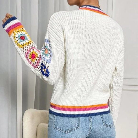 Floral Print Crochet Knit Sweater Top - Picture 5 of 5